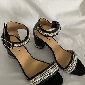 Black Rhinestone Embellished Block Heel Sandals